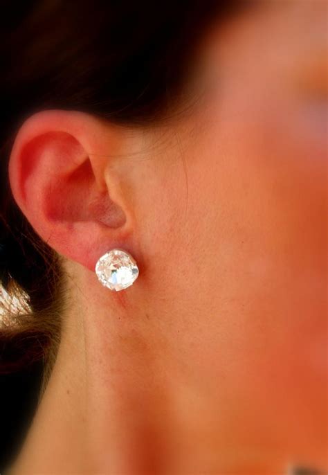 Vintage Cushion Cut Swarovski Crystal Studs, Large CZ, Sterling Silver ...