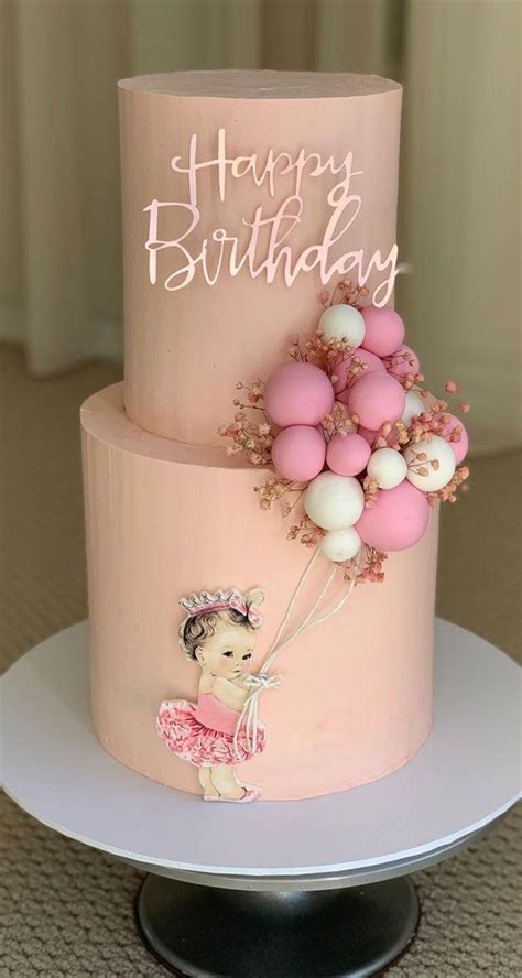 25 Baby Girl First Birthday Cake Ideas : Smooth Two-Tiered Birthday Cake with Balloons in 2022 ...