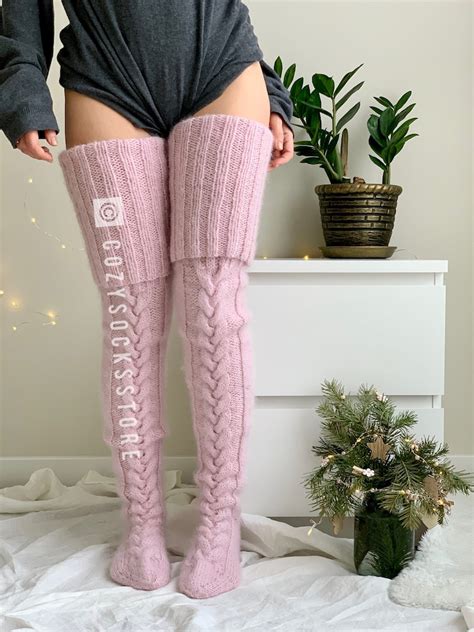 Plus size fuzzy thigh high socks Cable knit stockings Women | Etsy