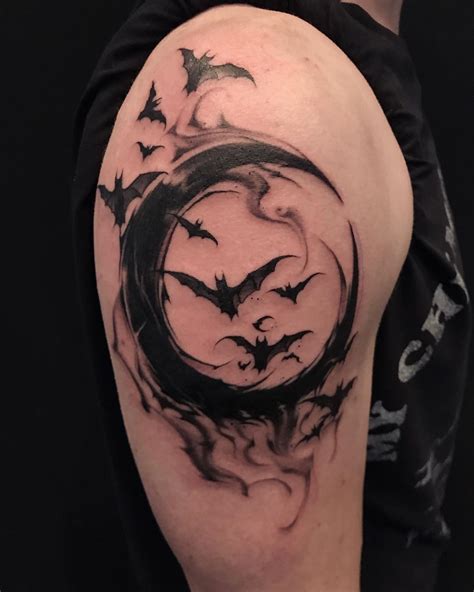 High Voltage Tattoo on Instagram: “Goth’d out crescent moon and bats by @mikeyctattoo 🦇🌙” | Moon ...