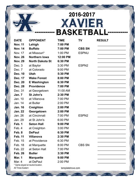 Printable 2016-2017 Xavier Musketeers Basketball Schedule