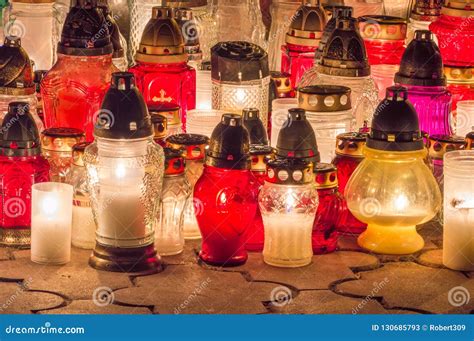 Burning Grave Candles in the Cemetery at Night Stock Image - Image of ...