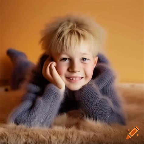 Blond boy resting on fur rug wearing fuzzy mohair sweater on Craiyon