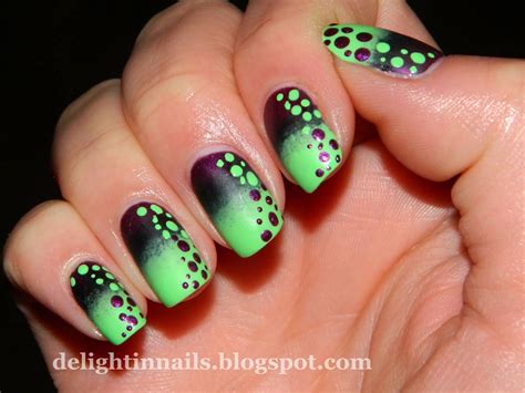 Green And Purple Gradient Nail Art With Polka Dots Design