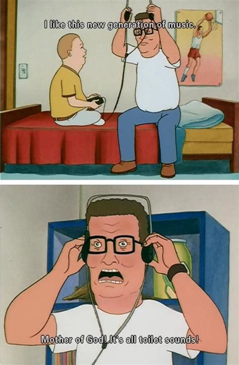 two cartoon pictures with one man in glasses and the other is listening ...