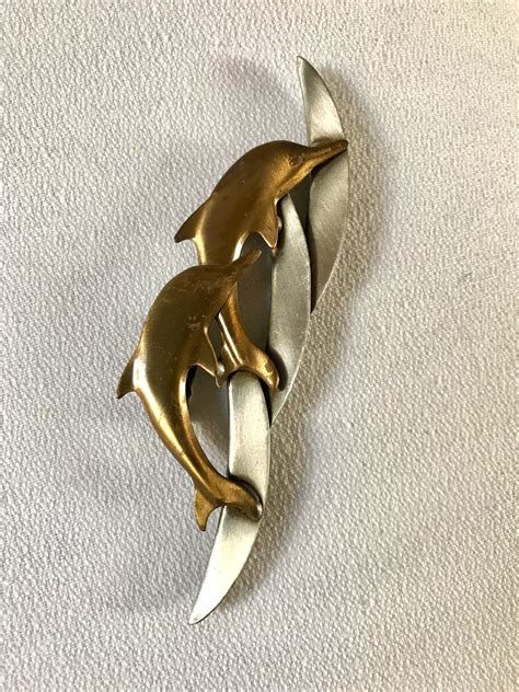 Auspicious Mid Century Double Dolphin Brooch, two tone dolphins jumping ...