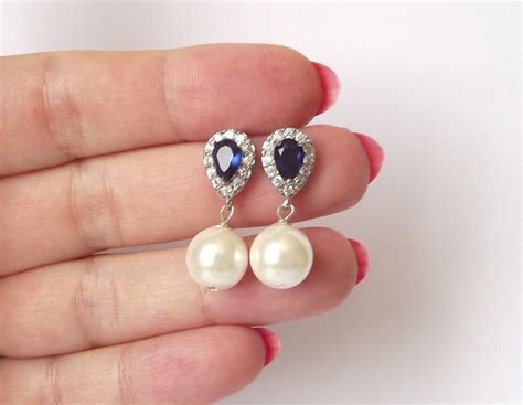 Royal Blue Sapphire Bridal Earrings, Pearl Wedding Earrings, Saphire & Pearl Earrings ...