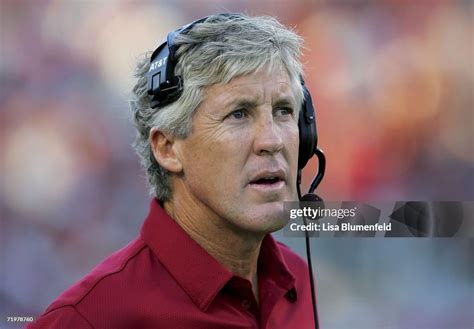 Head coach Pete Carroll of the USC Trojans looks on against the... News ...