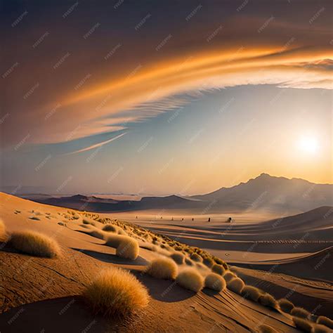 Premium AI Image | A sunset over a desert with a mountain in the background