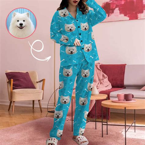 Custom My Pet Dog Paw and Bone Women's Long Pajama Set with Face for Women's Personalized ...