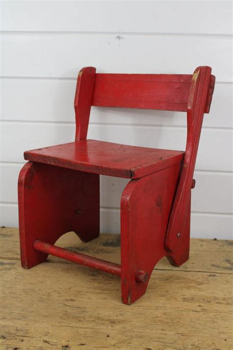 Vintage Red Wooden Chair and Step Stool Combination