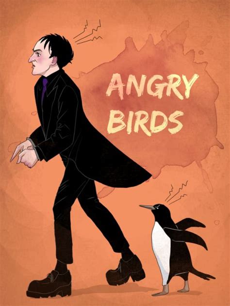 an angry bird is walking next to a man in a black suit and tie with a penguin