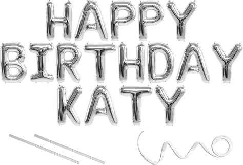 Katy, Happy Birthday Mylar Balloon Banner - Silver - 16 inch Letters. Includes 2 Straws for ...