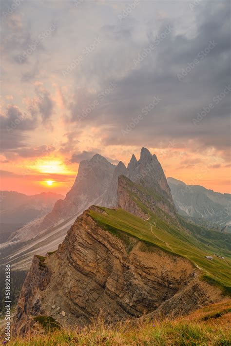 Breathtaking view of Seceda during a beautiful sunrise. The Seceda with its 2.500 meters is the ...