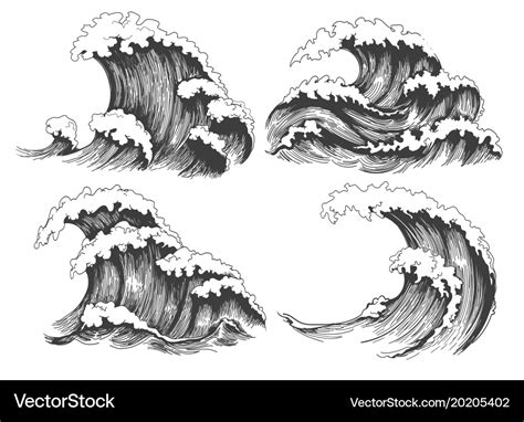 Sea waves sketch set Royalty Free Vector Image