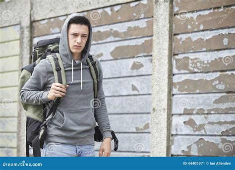 Homeless Teenage Boy On Street With Rucksack Stock Image - Image: 44405971