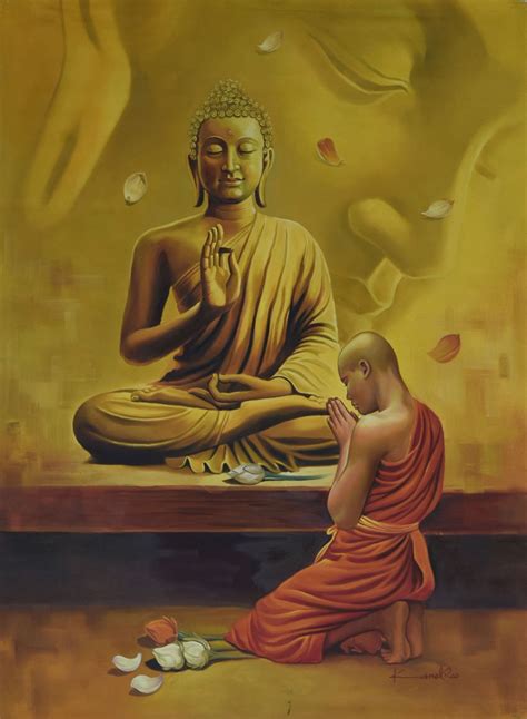 Monk And The Master, Painting by Kamal Rao | Mythological artwork on Oil On Canvas | Buddha art ...