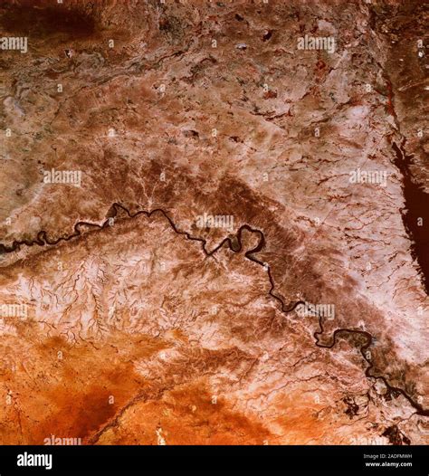 Euphrates River, Iraq, infrared satellite image. North is at top. The Euphrates (black) flows ...