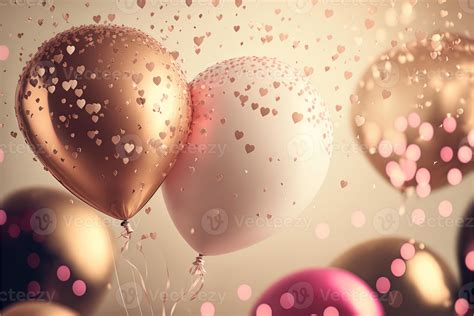 Holiday greeting background with pink and gold balloons blurred ...