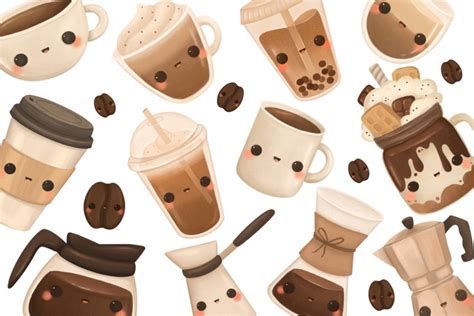 Cute kawaii coffee clip art set, kawaii drinks, coffee PNG