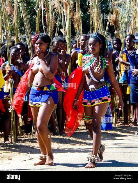 Women in traditional costumes marching at the Umhlanga aka Reed Dance ceremony - 01-09-2013 ...