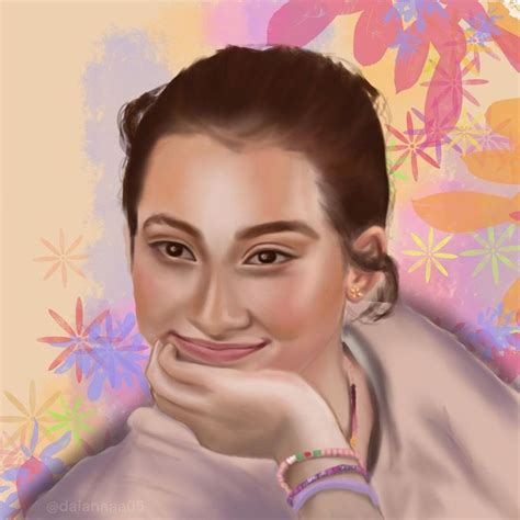 a digital painting of a woman smiling with flowers in the backgroung behind her