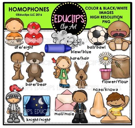 Homophones Clip Art Bundle (Color and B&W) - Edu Clips