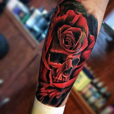 Red Rose Flower With Skull Realistic Inner Forearm Tattoos For Guys | Skull rose tattoos, Cover ...