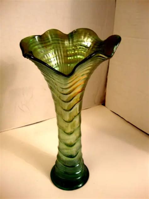 VINTAGE IMPERIAL Glass Iridescent Green Carnival Glass Vase $19.95 - PicClick