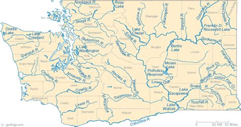 Map of Washington Lakes, Streams and Rivers