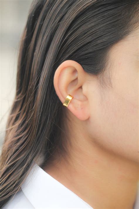 Lobe Cuff, 14K Gold Hoop, Thick Ear Lobe Cuff, Thin Suspender Hoop ...