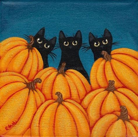 Halloween Black Cats and Pumpkins Original Folk by KilkennycatArt by emily | Black cat halloween ...