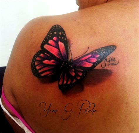 Pink And Orange Butterfly Tattoo : Pink Flowers And Blue Butterfly Tattoos On Lowerback