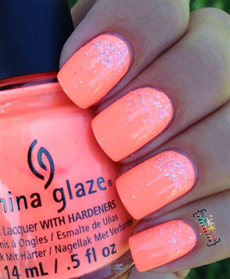 Neon Coral Nails with Silver Glitter Accent