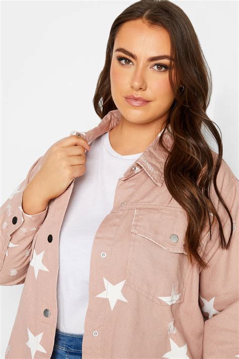 Plus Size Pink Star Print Western Style Distressed Denim Jacket | Yours Clothing