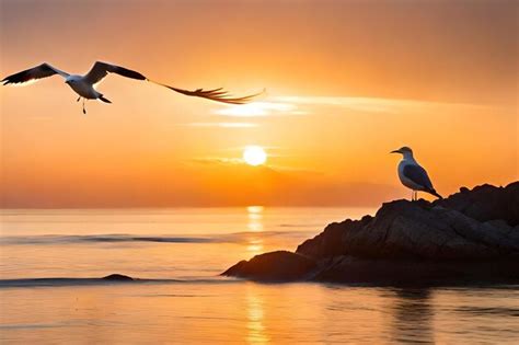 Premium AI Image | birds flying over the ocean at sunset