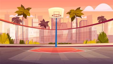 an empty basketball court with palm trees in the background