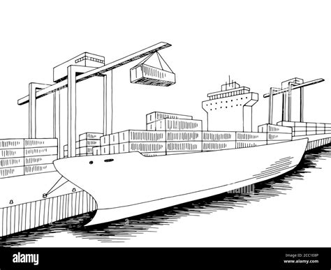 Port loading dry cargo ship graphic black white sea landscape sketch illustration vector Stock ...