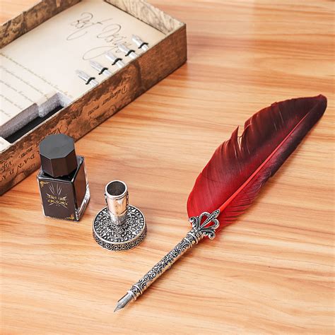 Calligraphy Feather Dip Pen Writing Ink Set Stationery Gift Box with 5 Nib Wedding Gift Quill ...