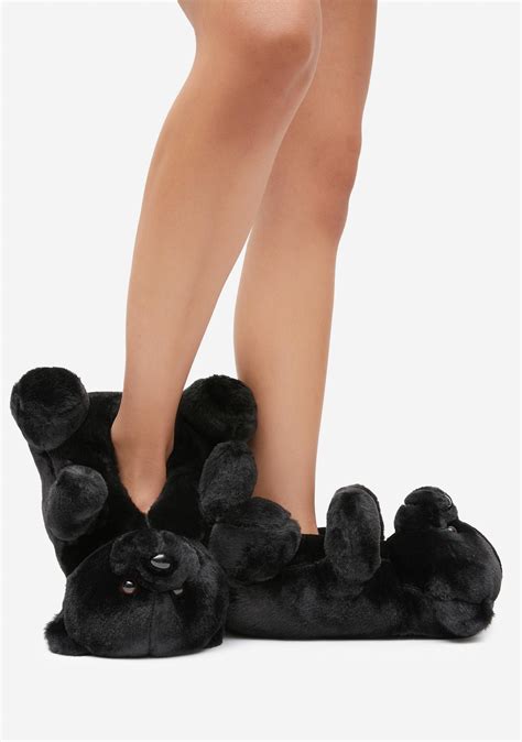 Fuzzy Teddy Bear Slippers - Black | Dolls Kill