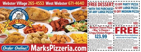 Mark's Pizzeria West Webster coupons for pizza savings and a free dessert! www.markspizzeria.com ...