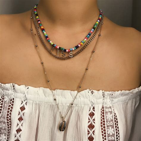 Wholesale Women Fashion Pendant Necklaces Handmade Bohemian Letter Colorful Beads Shell Multi ...