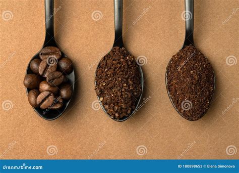 Coffee Beans, Coarse Coffee, Finely Ground Coffee in Black Spoons Close-up Stock Image - Image ...