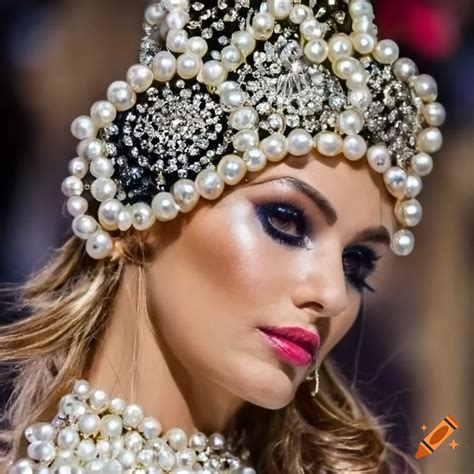 Close-up of a fashionable woman wearing a pearl outfit on Craiyon