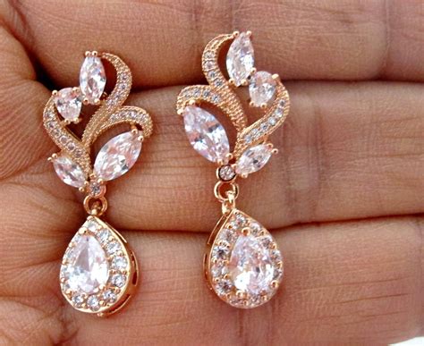 Rose gold wedding earrings Rose gold bridal earrings Crystal | Etsy