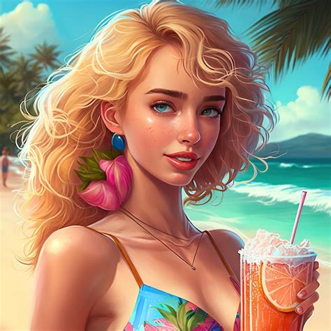 Premium AI Image | A woman on a beach holding a drink with a pink flower on it.