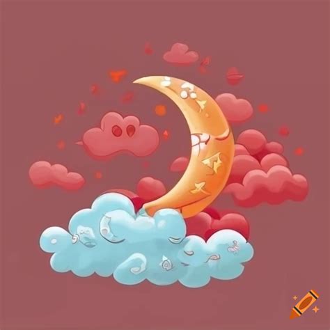 Cartoonish crescent moon with red and orange clouds on Craiyon