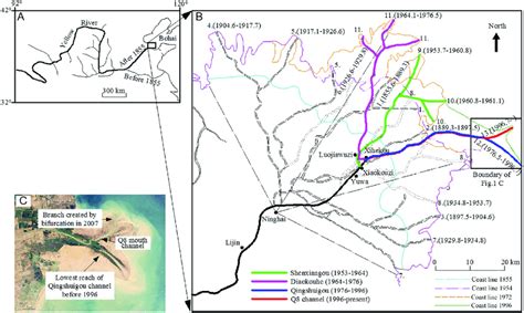 Yellow River and its delta: (A) Yellow River basin, (B) avulsions at... | Download Scientific ...