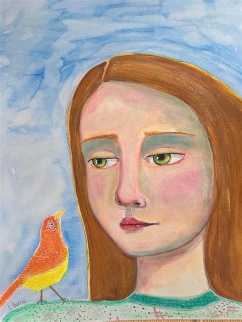 The lady with the bird - watercolour whimsy whimsical - girl woman (2019) Watercolour by Sharyn ...