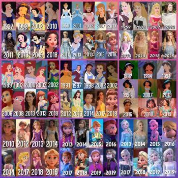 Solve Disney Princesses through the years jigsaw puzzle online with 361 pieces